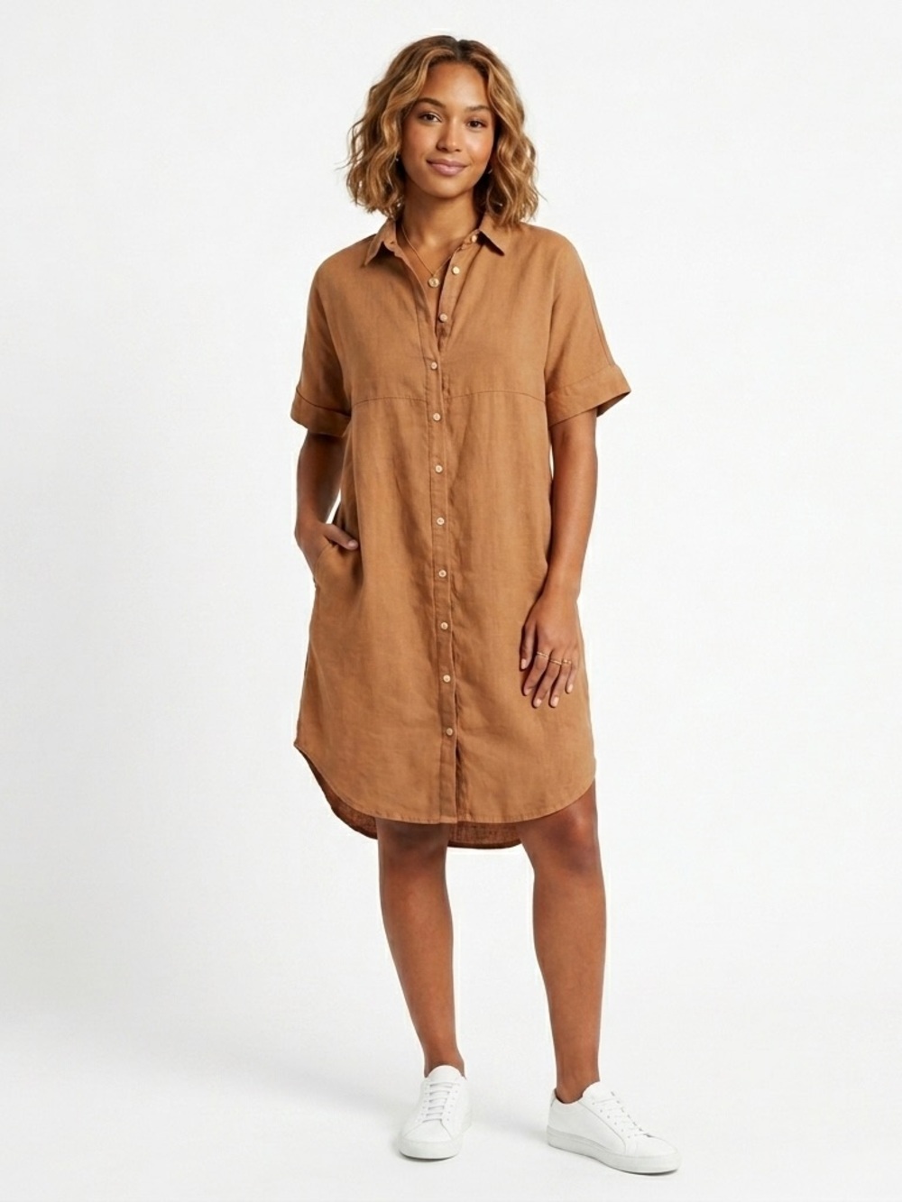 Lanhtropy Alba Shirt Dress Button Down Pockets Linen Camel S/M